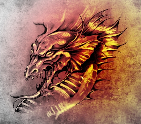 Sketch of tattoo art, dragon over antique paperの写真素材