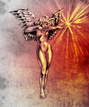 Sketch of tattoo art, fairy angel, nude woman over colorful paperの写真素材