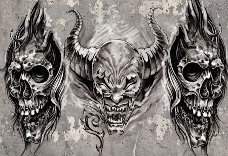 Tattoo art, 3 demons over grey background, Sketchの写真素材