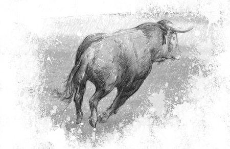 Art illustration, Spanish bull in the bullring with sandの写真素材