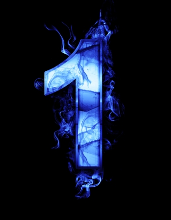 one, illustration of  number with chrome effects and blue fire on black backgroundの写真素材