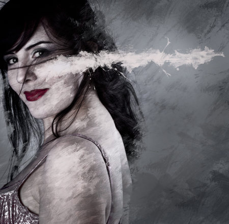 Artistic image of smiling woman in lingerie, makeup conceptの写真素材