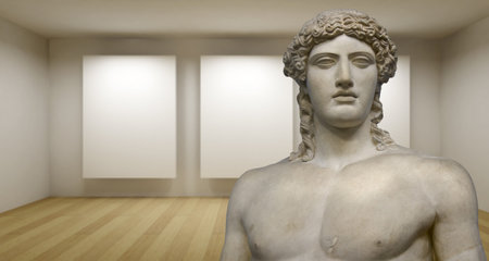 Empty gallery, 3d room with greek sculture, Ancient Statue