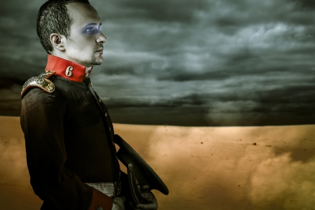 era soldier over desert backgroundの写真素材