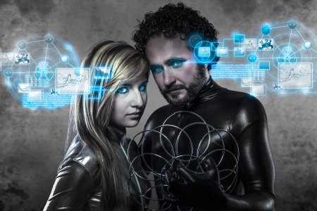 Couple of futuristic lovers, in latex dress. Black and silverの写真素材