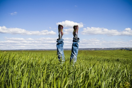 concept of freedom and joy, man with jeans lying in wheat field, summerの写真素材