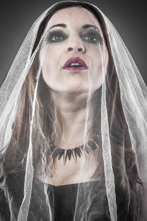 Attractive woman looking at camera, wearing a white veil