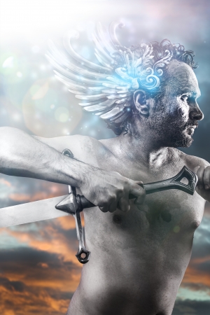 Hero, fantasy image, ancient gods with sword, classic style with blue light effectsの写真素材