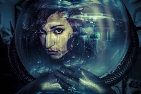 Future women helmet concept, black latex with neon lightsの写真素材