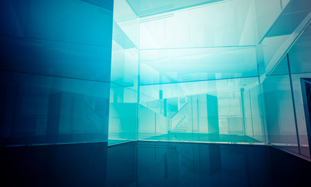 Residential.Empty office with columns and large windows, Indoor building. business space with blue...