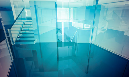 Apartment.Empty office with columns and large windows, Indoor building. business space with blue...