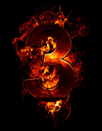 three, illustration of  number with chrome effects and red fire on black backgroundの写真素材