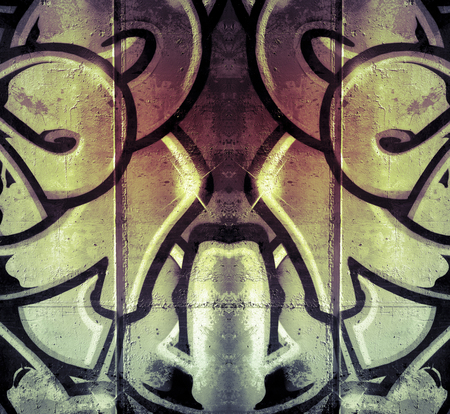 Signature. Graffiti over old dirty wall, urban hip hop background Gray texture painted with bright colorfulの写真素材