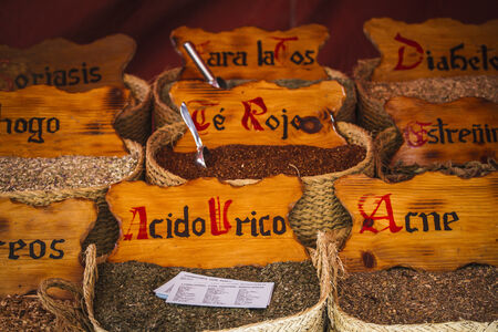 Herbal medicine, street vendor of medicinal herbs, wellness, spiceのeditorial素材