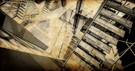 Station. Modern industrial interior, stairs, clean space in industry building, background textured