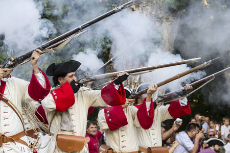 Assault city of Brihuega, during the re-enactment of the War of Succession. September 4, 2010 in Brihuega, Spainのeditorial素材