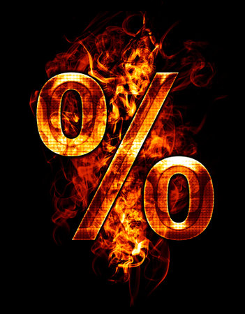percent, illustration of  number with chrome effects and red fire on black backgroundの写真素材