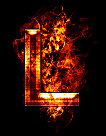 l, illustration of  letter with chrome effects and red fire on black backgroundの写真素材