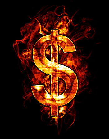 dollar, illustration of  number with chrome effects and red fire on black backgroundの写真素材