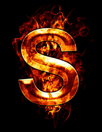 s, illustration of  letter with chrome effects and red fire on black backgroundの写真素材