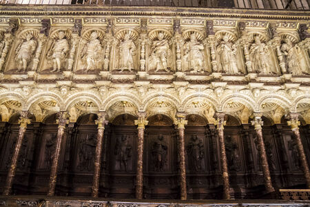 Interior of Toledo Cathedral. Arcs, organ, columns and gothic art. Spainのeditorial素材