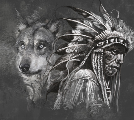 Wolf illustration. Tattoo design over grey background. textured backdrop. Artistic imageの写真素材