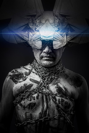 Alien, man chained with fantasy mask, fineartの写真素材