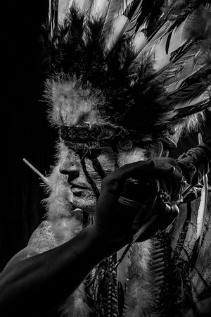Warrior, Native american indian chiet at sunsetの写真素材