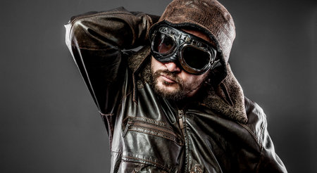 Retro pilot cap and goggles motorcycle vintage styleの写真素材