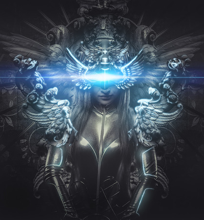 deity, dressed in silver princess, fantasy concept, blonde woman dressed in armorの写真素材