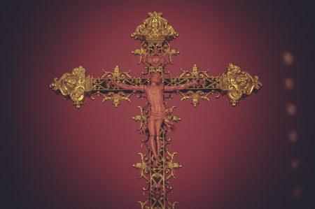 treasures of gold and precious jewels, cross and religious symbols made ââof precious metalsの写真素材