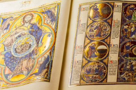 read, medieval handwritten book by Christian monksの写真素材