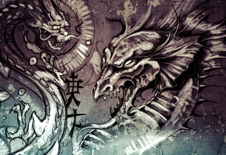 Dragons, tattoo illustration over grey wallの写真素材