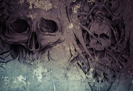 Tattoo art,2 biomechanical demons over grey background, Sketchの写真素材