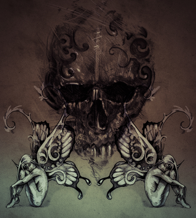 Tattoo skull over vintage paper, handmade illustrationの写真素材
