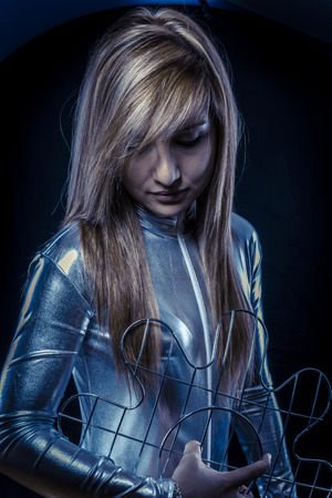 Fiber Optic concept, woman with modern lightsの写真素材
