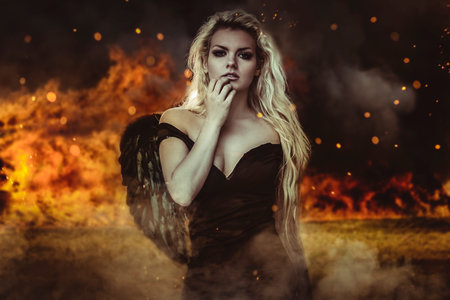 romantic scene, beautiful blond, fallen angel with black dress