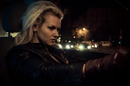 blonde in car driving at night, dressed in jeans and leather jacketの写真素材