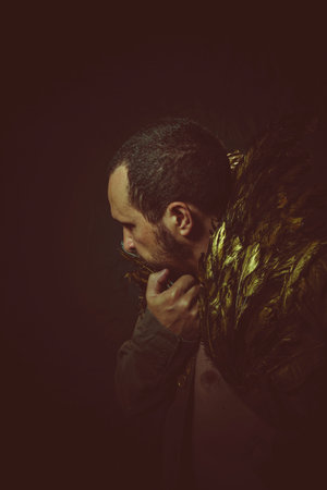 jacket attractive man with golden feathersの写真素材
