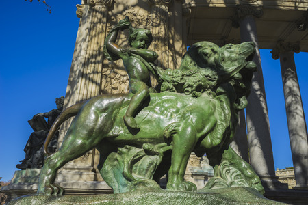 Lion, classical bronze sculptures, Lake in Retiro park, Madrid Spainの写真素材