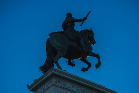 sculpture of King horseback, oldest street in the capital of Spain, the city of Madrid, its architecture and artのeditorial素材
