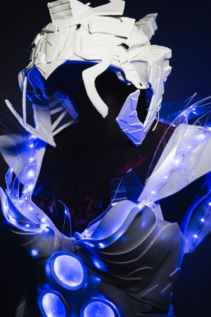 robot, white suit with transparent plastic and LED lights on the bodyの写真素材