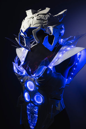 robot, white suit with transparent plastic and LED lights on the bodyの写真素材