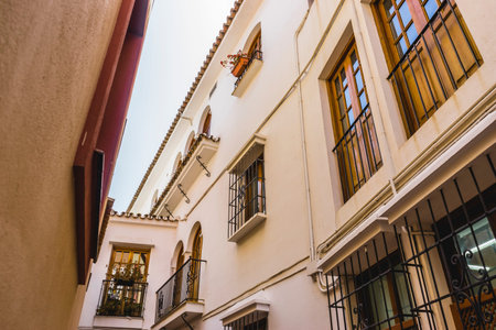mediterranean, white architecture tourist streets in Marbella, Andalucia Spainの写真素材