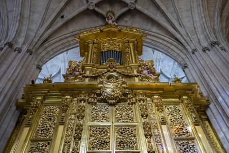 Christianity, interior Gothic Cathedral of Segovia, columns and arches with large windowsのeditorial素材