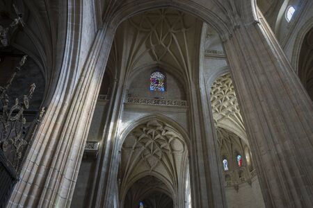 interior Gothic Cathedral of Segovia, columns and arches with large windowsのeditorial素材