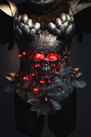 silver armor skull with red eyes and led lights, helmet metal filigree