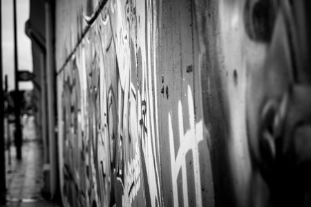 black ink grafitti design in city wall, street art segment