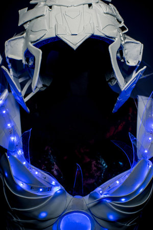 technology, robotic spacesuit with blue lights and transparent sheets, futuristic armorの写真素材