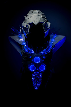 science, robotic spacesuit with blue lights and transparent sheets, futuristic armorの写真素材
